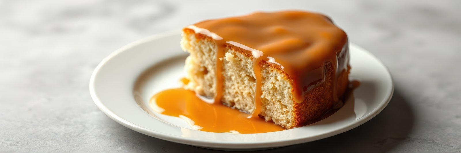 Delicious cake topped with creamy caramel sauce served on a white plate